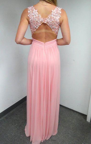 MACloth Straps V Neck Chiffon Lace Long Prom Dress Pink Formal Gown