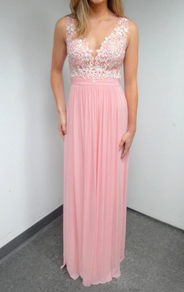 MACloth Straps V Neck Chiffon Lace Long Prom Dress Pink Formal Gown