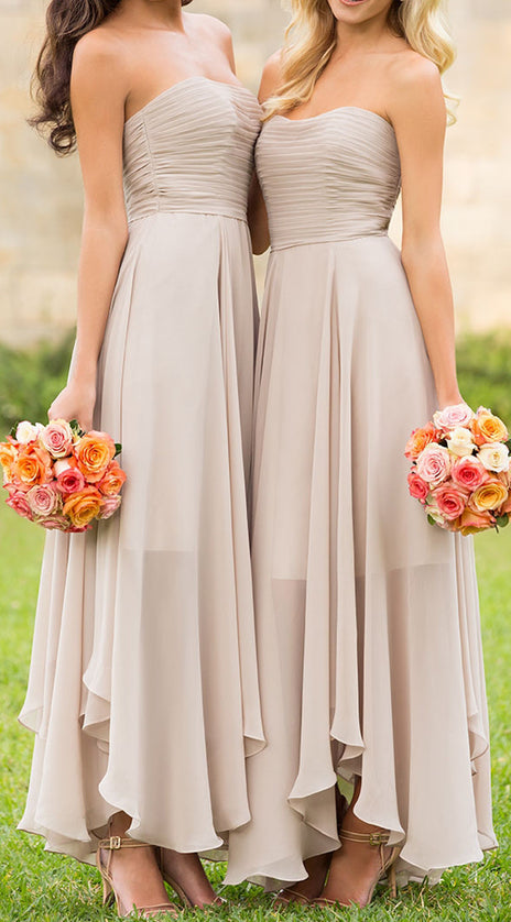 MACloth Strapless Chiffon Tea Length Bridesmaid Dress Champagne Wedding Party Formal Gown