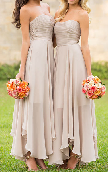 MACloth Strapless Chiffon Tea Length Bridesmaid Dress Champagne Wedding Party Formal Gown