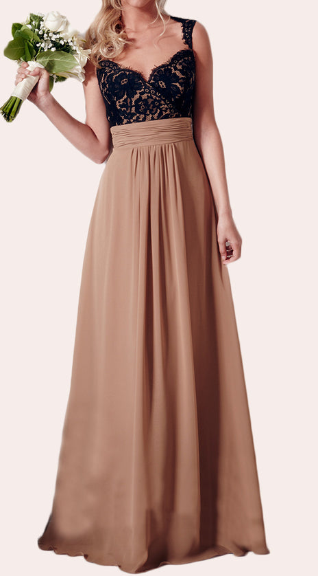 MACloth Lace Chiffon Long Bridesmaid Dress Vintage Simple Prom Gown