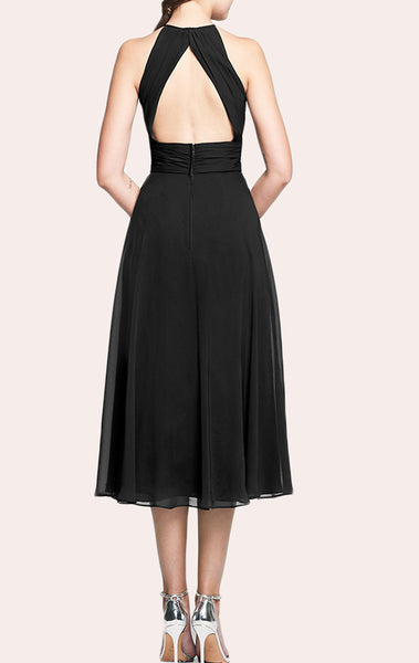 MACloth Halter Tea Length Chiffon Bridesmaid Dress Little Black Dress