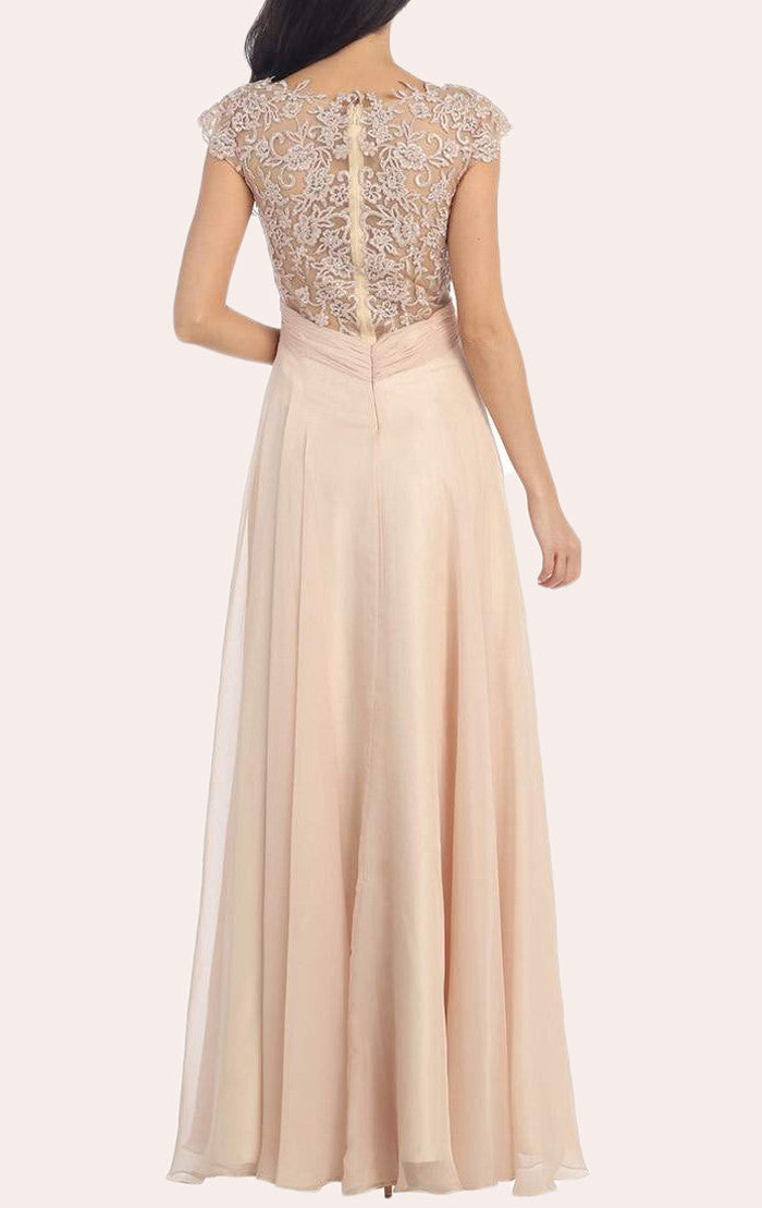 MACloth Cap Sleeves Lace Chiffon Mother of the Brides Dress Champagne Formal Evening Gown