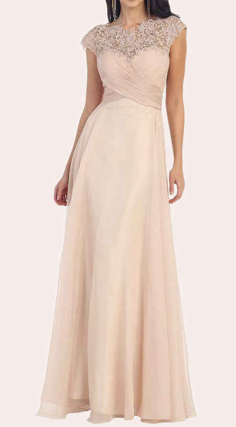 MACloth Cap Sleeves Lace Chiffon Mother of the Brides Dress Champagne Formal Evening Gown