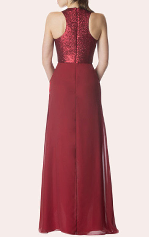 MACloth V Neck Sequin Chiffon High Low Bridesmaid Dress Burgundy Cocktail Formal Gown