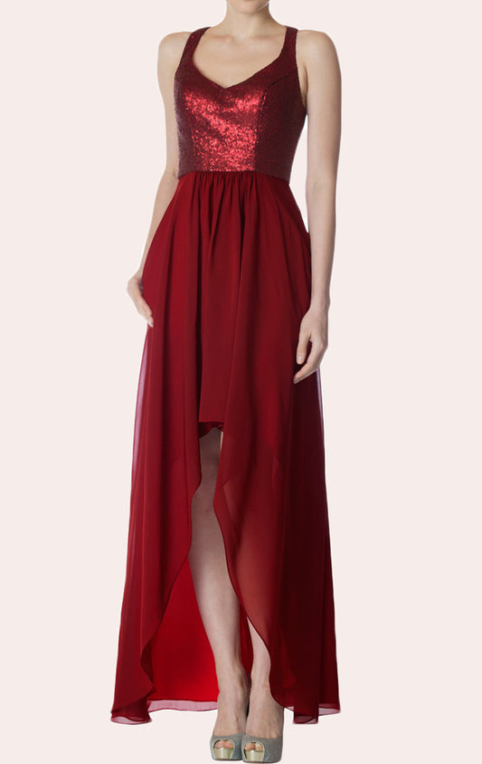 Vestido de dama de honor de gasa con escote en V y lentejuelas de MACloth, corte alto bajo, vestido formal de cóctel color burdeos