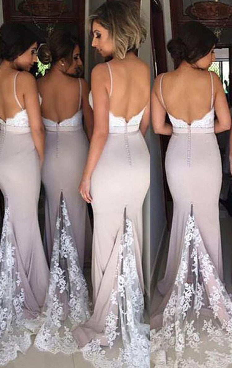 Vestido de dama de honor largo con tirantes finos y sirena de MACloth, vestido formal de fiesta de color rosa