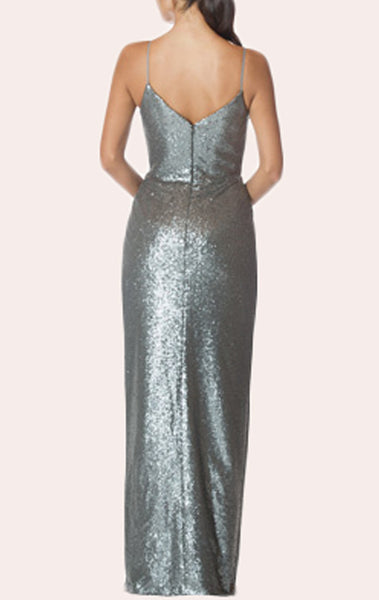MACloth Spaghetti Straps Sequin High Low Bridesmaid Dress Gray Formal Gown