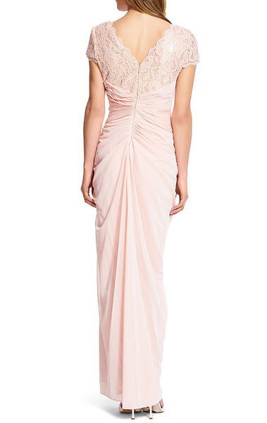 MACloth Cap Sleeves V Neck Lace Chiffon Evening Gown Pearl Pink Mother of the Brides Dress
