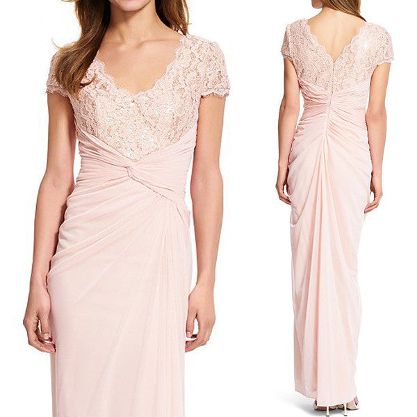 MACloth Cap Sleeves V Neck Lace Chiffon Evening Gown Pearl Pink Mother of the Brides Dress