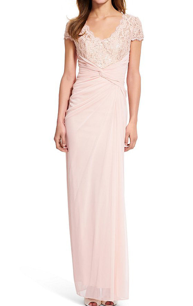MACloth Cap Sleeves V Neck Lace Chiffon Evening Gown Pearl Pink Mother of the Brides Dress
