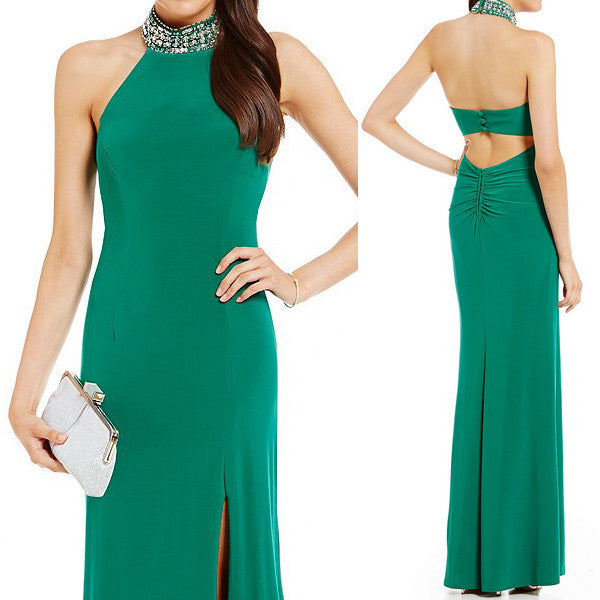 MACloth Halter High Neck Prom Dress Green Jersey Formal Evening Gown