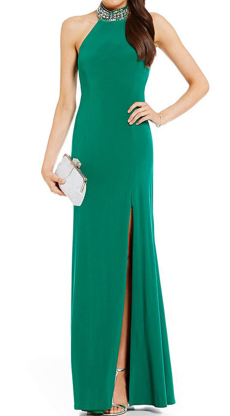 MACloth Halter High Neck Prom Dress Green Jersey Formal Evening Gown