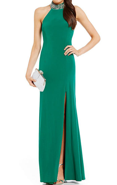 MACloth Halter High Neck Prom Dress Green Jersey Formal Evening Gown