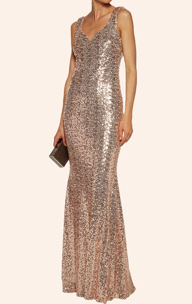 MACloth V Neck Sequin Formal Evening Gown Cowl Back Wedding Party Dress