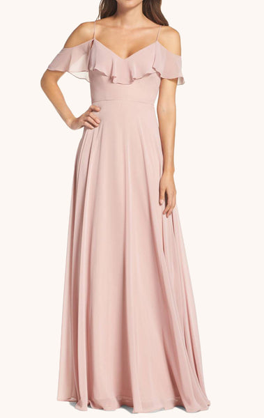 MACloth Off the Shoulder Chiffon Long Bridesmaid Dress Pearl Pink Formal Gown