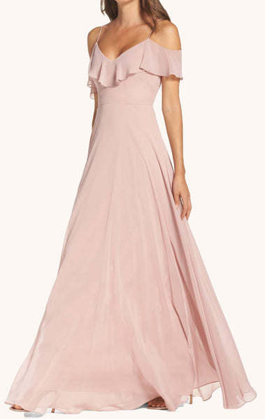 MACloth Off the Shoulder Chiffon Long Bridesmaid Dress Pearl Pink Formal Gown