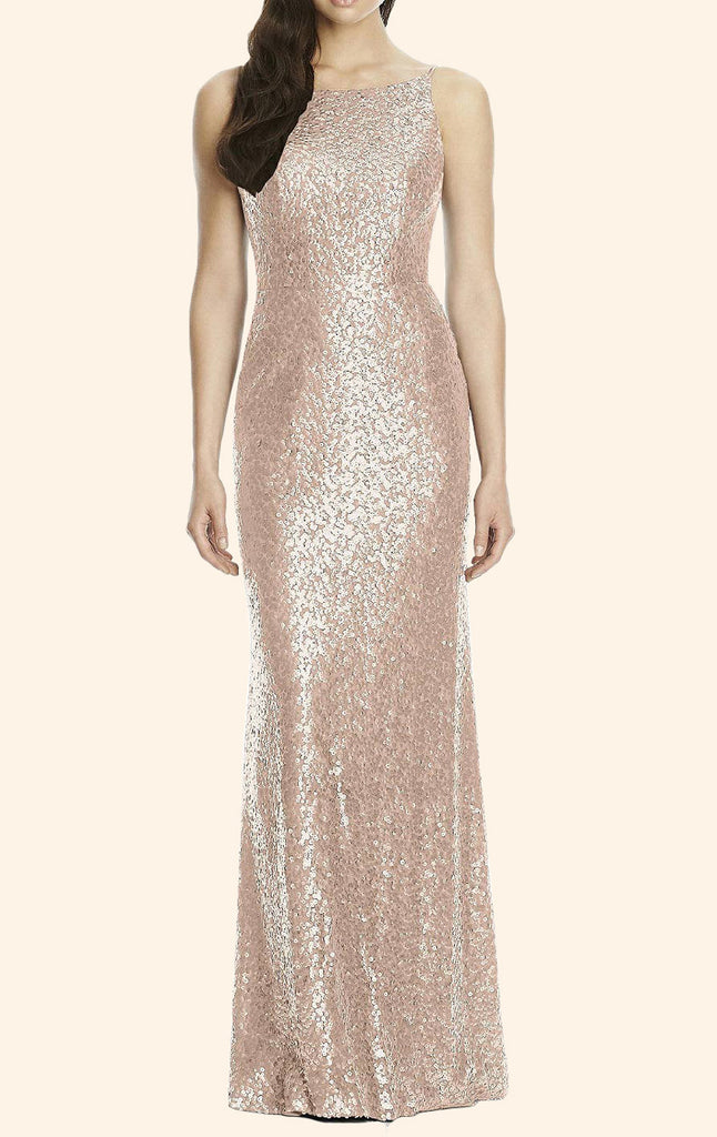MACloth Sheath Sequin Long Bridesmaid Dress Rose Gold Wedding Party Formal Gown