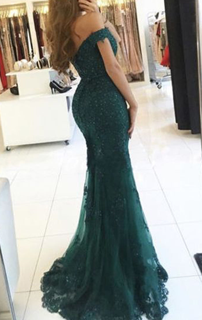 MACloth Mermaid Off the Shoulder Lace Prom Dress Burgundy Formal Evening Gown