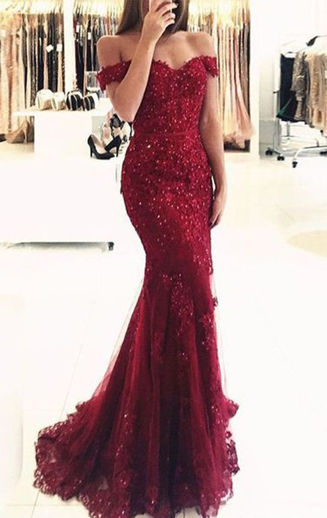 MACloth Mermaid Off the Shoulder Lace Prom Dress Burgundy Formal Evening Gown