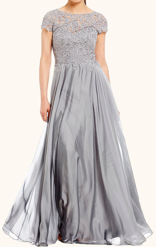 Vestido de noche formal plateado de gasa con encaje y mangas cortas de MACloth para madre de la novia