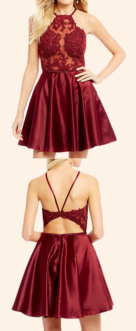 MACloth Neckholder Spitzen Satin Mini Ballkleid Homecoming Kleid Burgunderrot Abendkleid