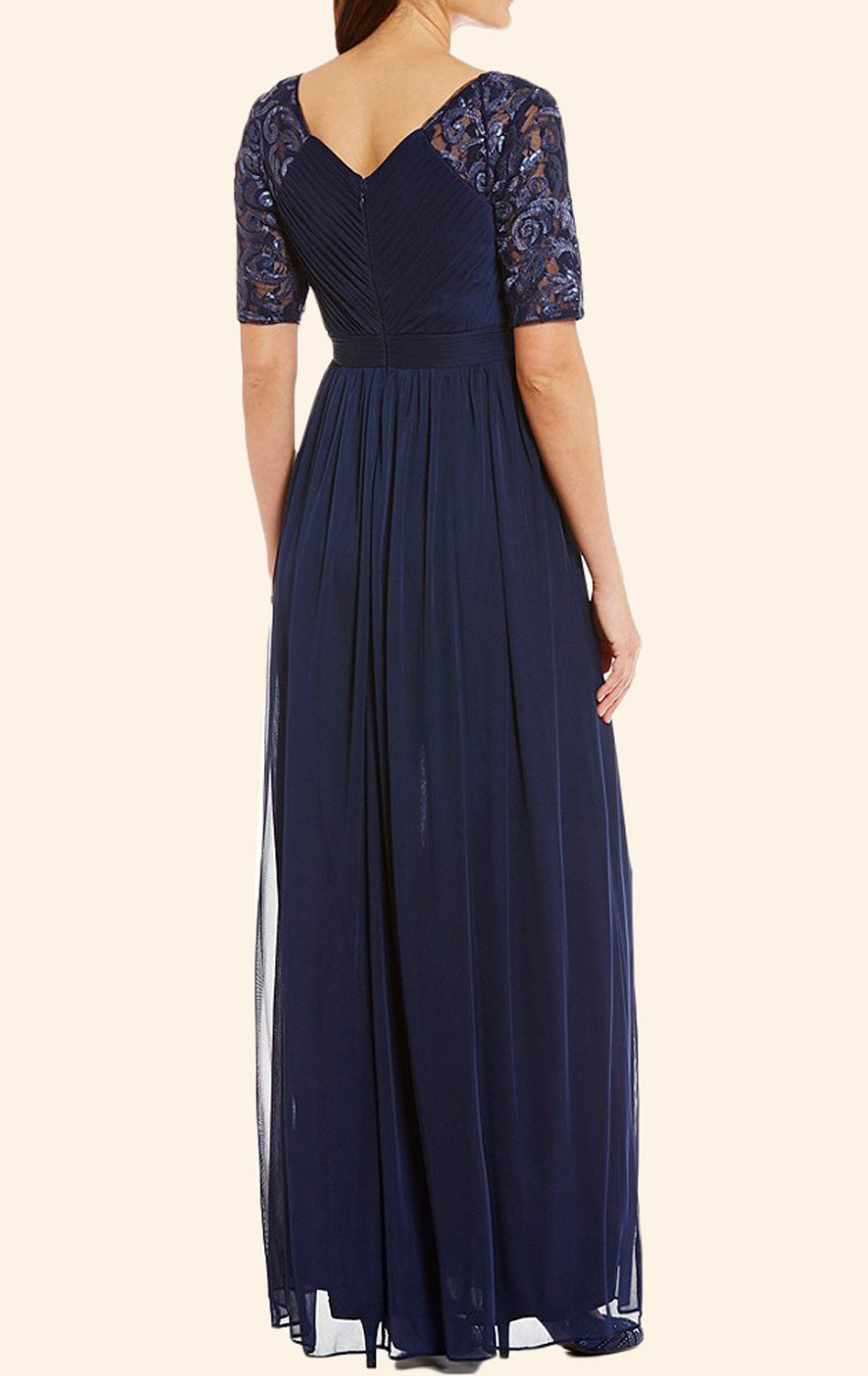 MACloth Short Sleeves Lace Chiffon Long Mother of the Brides Dress Dark Navy Evening Gown