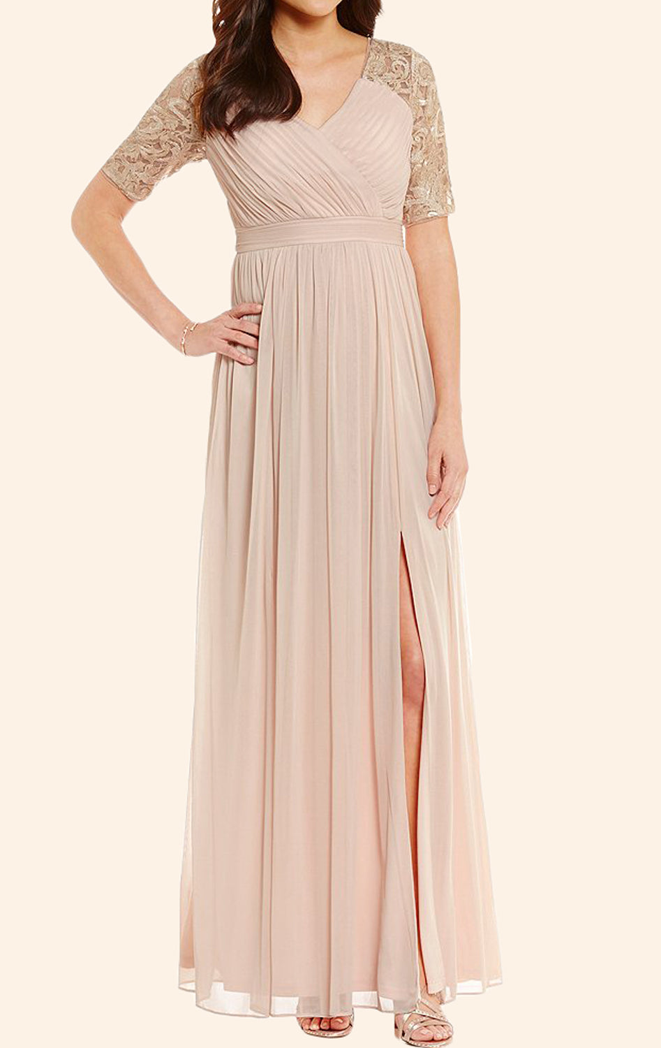 MACloth Short Sleeves Lace Chiffon Long Mother of the Brides Dress Dark Navy Evening Gown