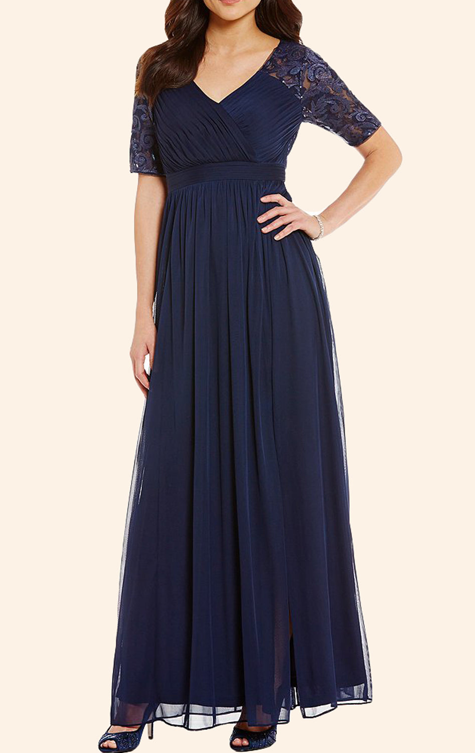MACloth Short Sleeves Lace Chiffon Long Mother of the Brides Dress Dark Navy Evening Gown