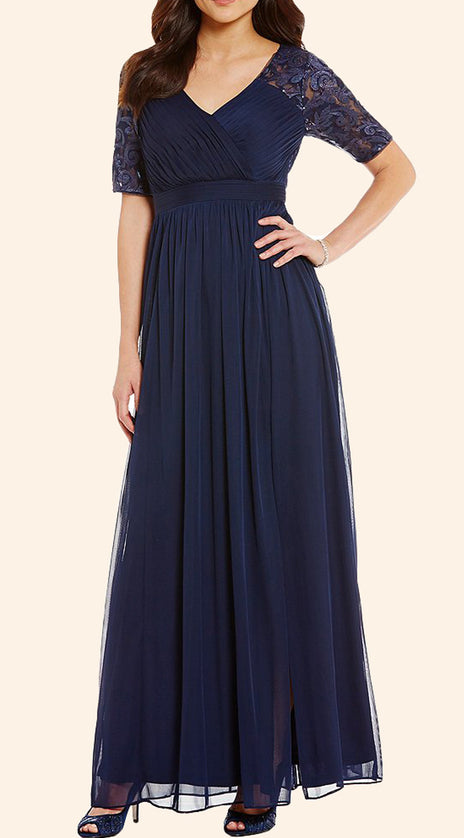 MACloth Short Sleeves Lace Chiffon Long Mother of the Brides Dress Dark Navy Evening Gown