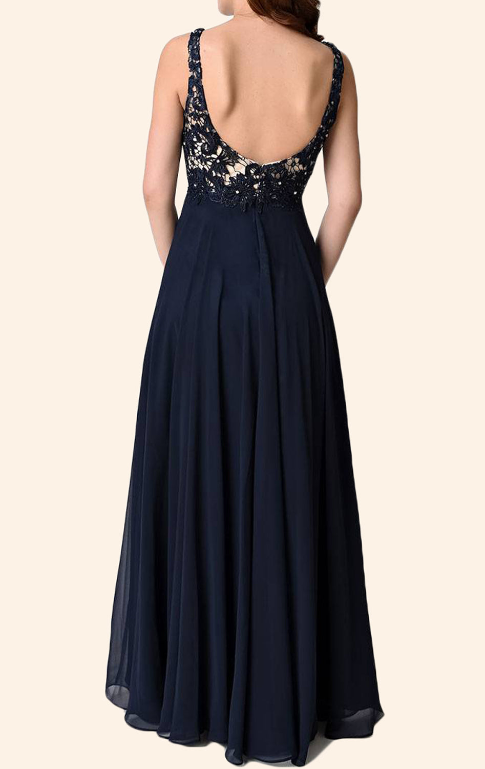 MACloth V Neck Lace Chiffon Long Bridesmaid Dress Dark Navy Simple Prom Gown