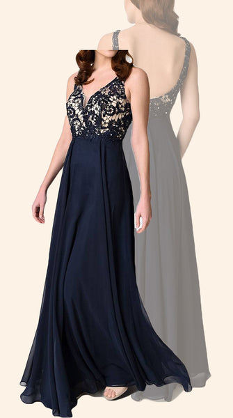 MACloth V Neck Lace Chiffon Long Bridesmaid Dress Dark Navy Simple Prom Gown