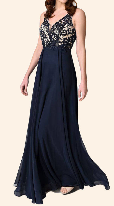 MACloth V Neck Lace Chiffon Long Bridesmaid Dress Dark Navy Simple Prom Gown