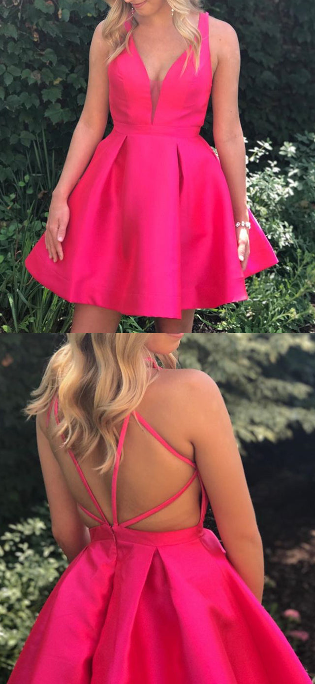 Vestido de fiesta formal fucsia con escote en V de MACloth Mini vestido de fiesta de bienvenida