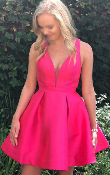 MACloth V Neck Mini Prom Homecoming Dress Fuchsia Party Formal Gown