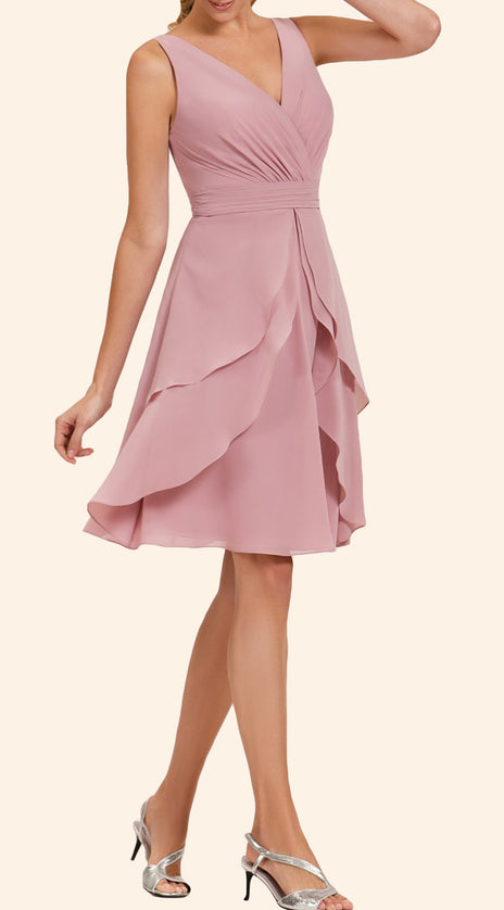MACloth Straps V Neck Chiffon Short Bridesmaid Dress Pearl Pink Wedding Party Formal Gown