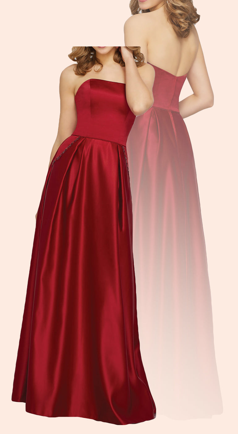 Vestido de dama de honor largo de satén sin tirantes de MACloth, vestido formal sencillo para fiesta de graduación