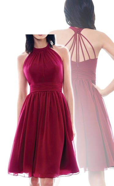 Vestido de dama de honor corto de gasa con cuello alto y cuello halter de MACloth, vestido formal corto de color rojo vino