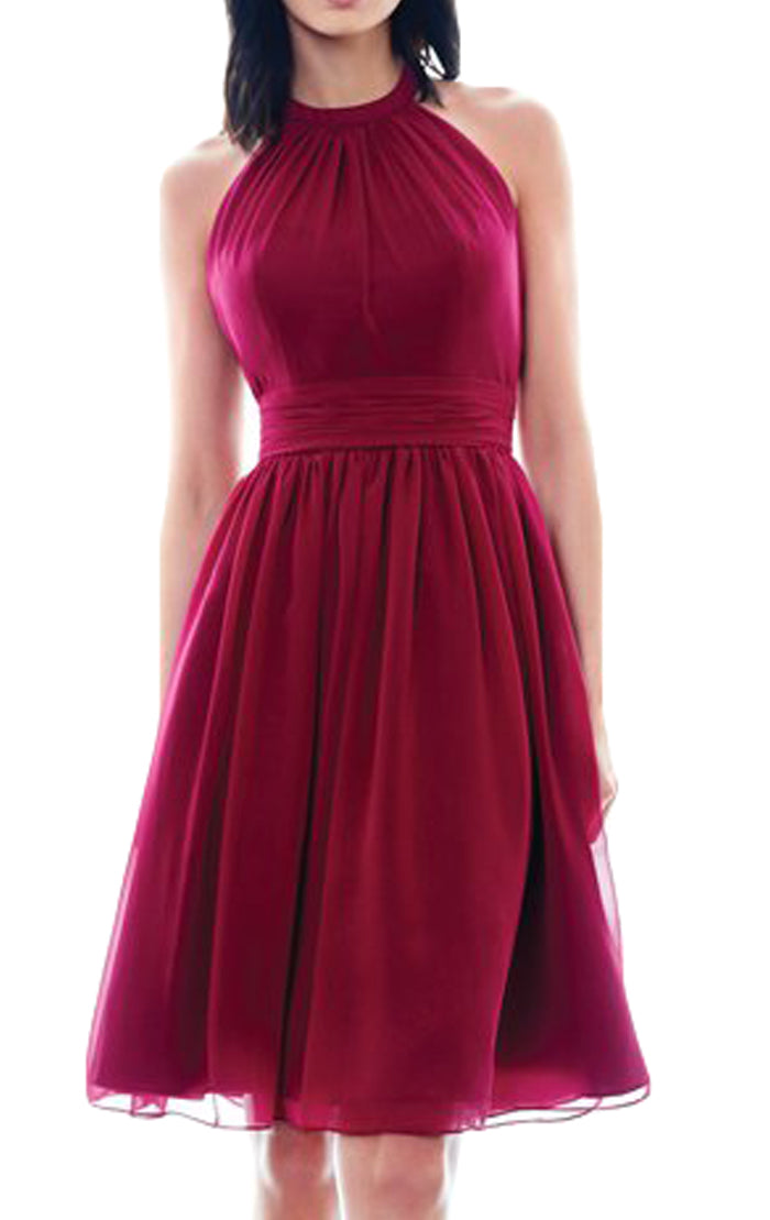 Vestido de dama de honor corto de gasa con cuello alto y cuello halter de MACloth, vestido formal corto de color rojo vino