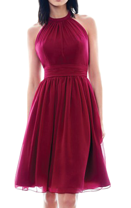 MACloth Neckholder Stehkragen Chiffon Kurzes Brautjungfernkleid Weinrot Kurzes Abendkleid