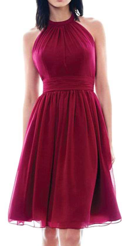 MACloth Halter High Neck Chiffon Short Bridesmaid Dress Wine Red Short Formal Gown