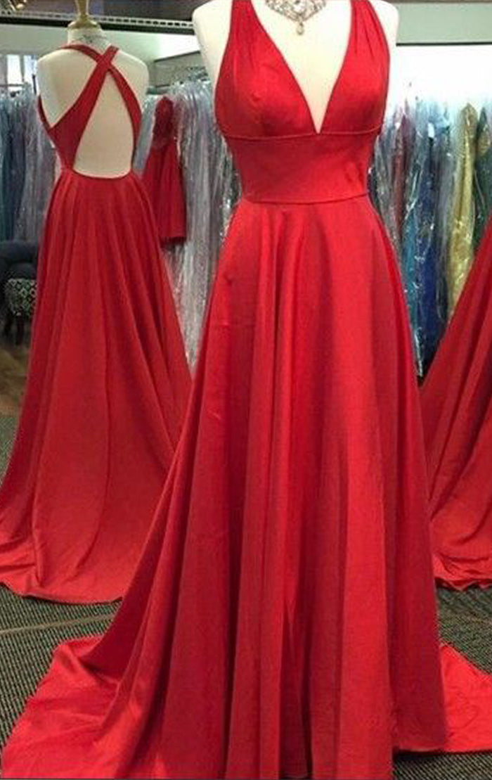 sexy red homecoming dress MACloth Sexy Deep V Neck Satin Long Prom Homecoming Dress Red Formal Gown Red / Tea Length / US10