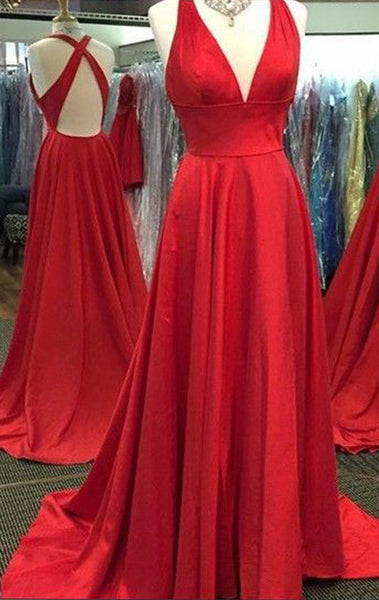 MACloth Sexy Deep V Neck Satin Long Prom Homecoming Dress Red Formal Gown