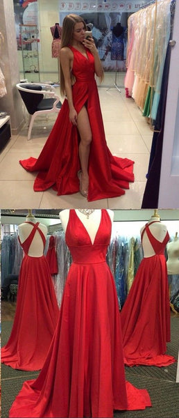 MACloth Sexy Deep V Neck Satin Long Prom Homecoming Dress Red Formal Gown
