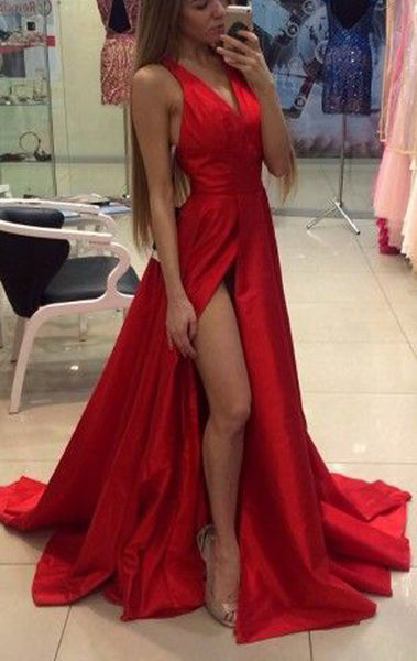 MACloth Sexy Deep V Neck Satin Long Prom Homecoming Dress Red Formal Gown