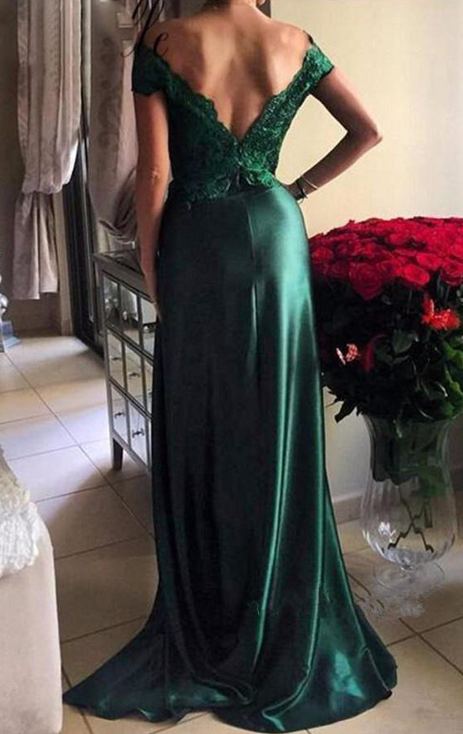MACloth Off the Shoulder Lace Satin Long Prom Dress Dark Green Evening Gown