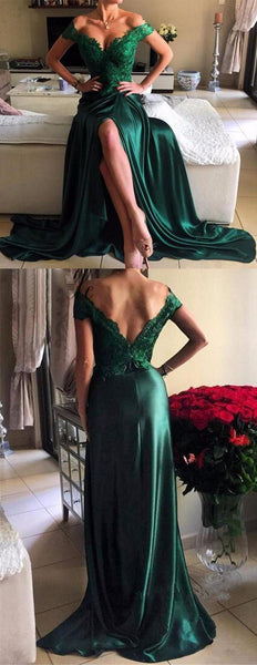 MACloth Off the Shoulder Lace Satin Long Prom Dress Dark Green Evening Gown