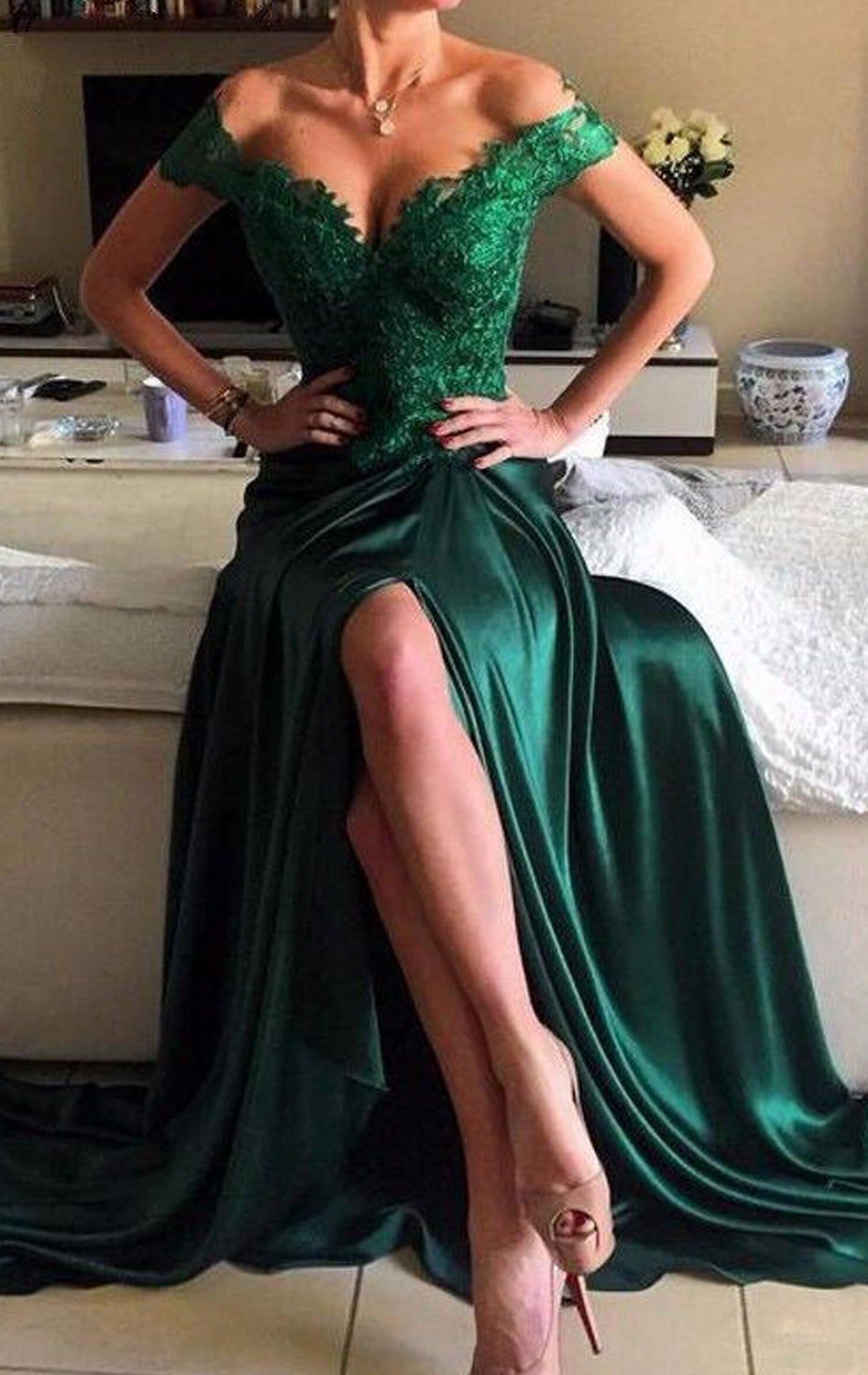 MACloth Off the Shoulder Lace Satin Long Prom Dress Dark Green Evening Gown