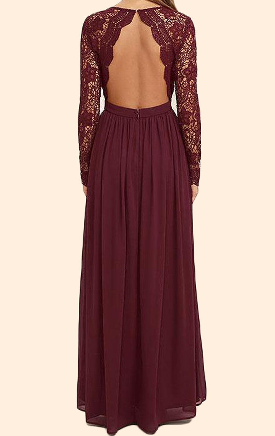 MACloth Lange Ärmel V-Ausschnitt Spitze Chiffon Langes Ballkleid Burgunderrot Abendkleid