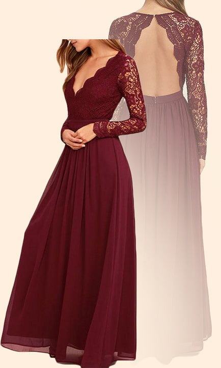 MACloth Lange Ärmel V-Ausschnitt Spitze Chiffon Langes Ballkleid Burgunderrot Abendkleid